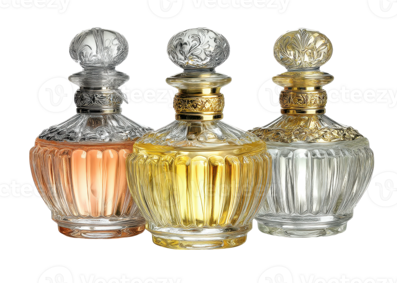 Three ornate perfume bottles with pink, yellow, and clear liquid, with silver and gold details, isolated on transparent background. Luxury, Beauty, Elegance. png