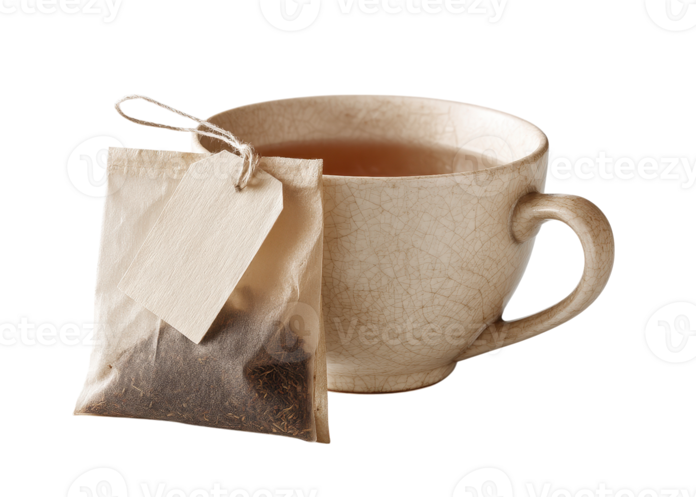 White teabag with blank tag and string next to a ceramic cup filled with hot brewed tea isolated on transparent background. Drink, Beverage, Hot. png