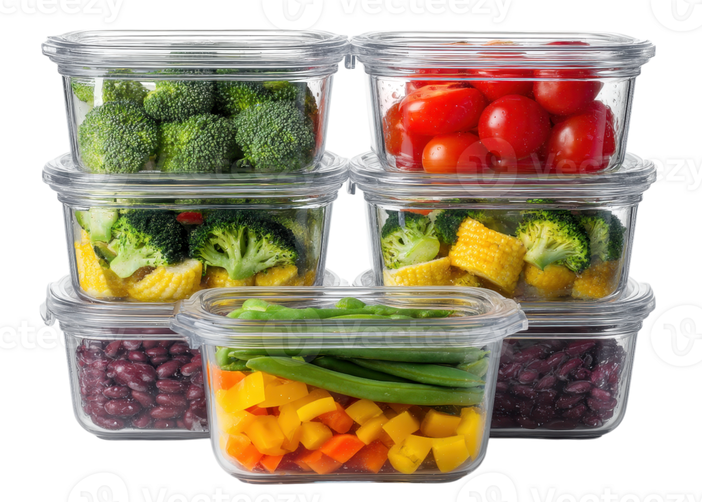 Glass containers with fresh broccoli, tomatoes, beans, peppers, corn, green beans, isolated on transparent background. Food prep, healthy eating, meal prep. png