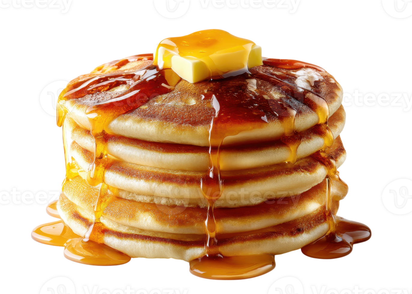 Stack of pancakes with butter and syrup dripping, isolated on transparent background, breakfast, food, dessert. png