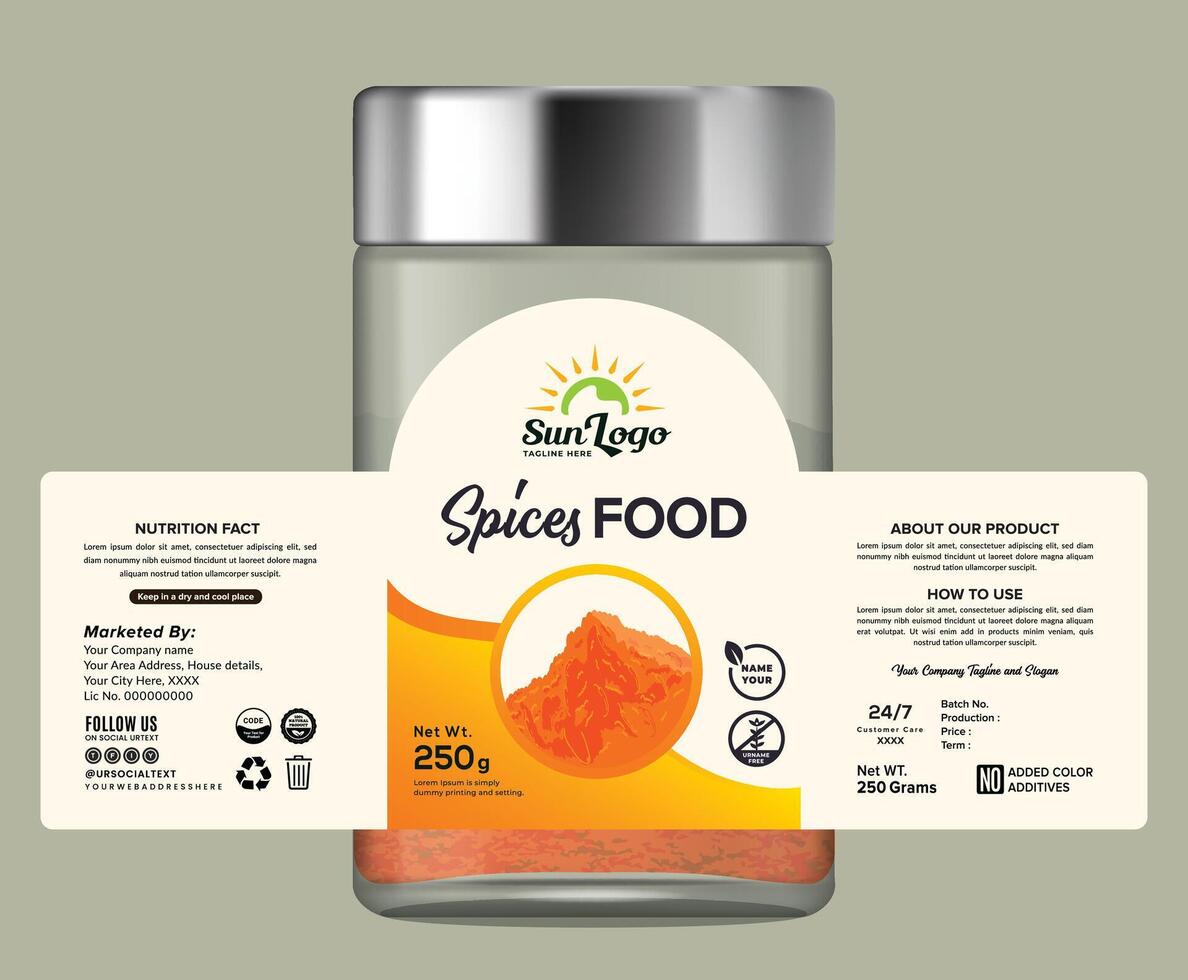 Premium Packaging Label for Jars High-quality label template for dry food packaging, designed for spice jars, organic color vector