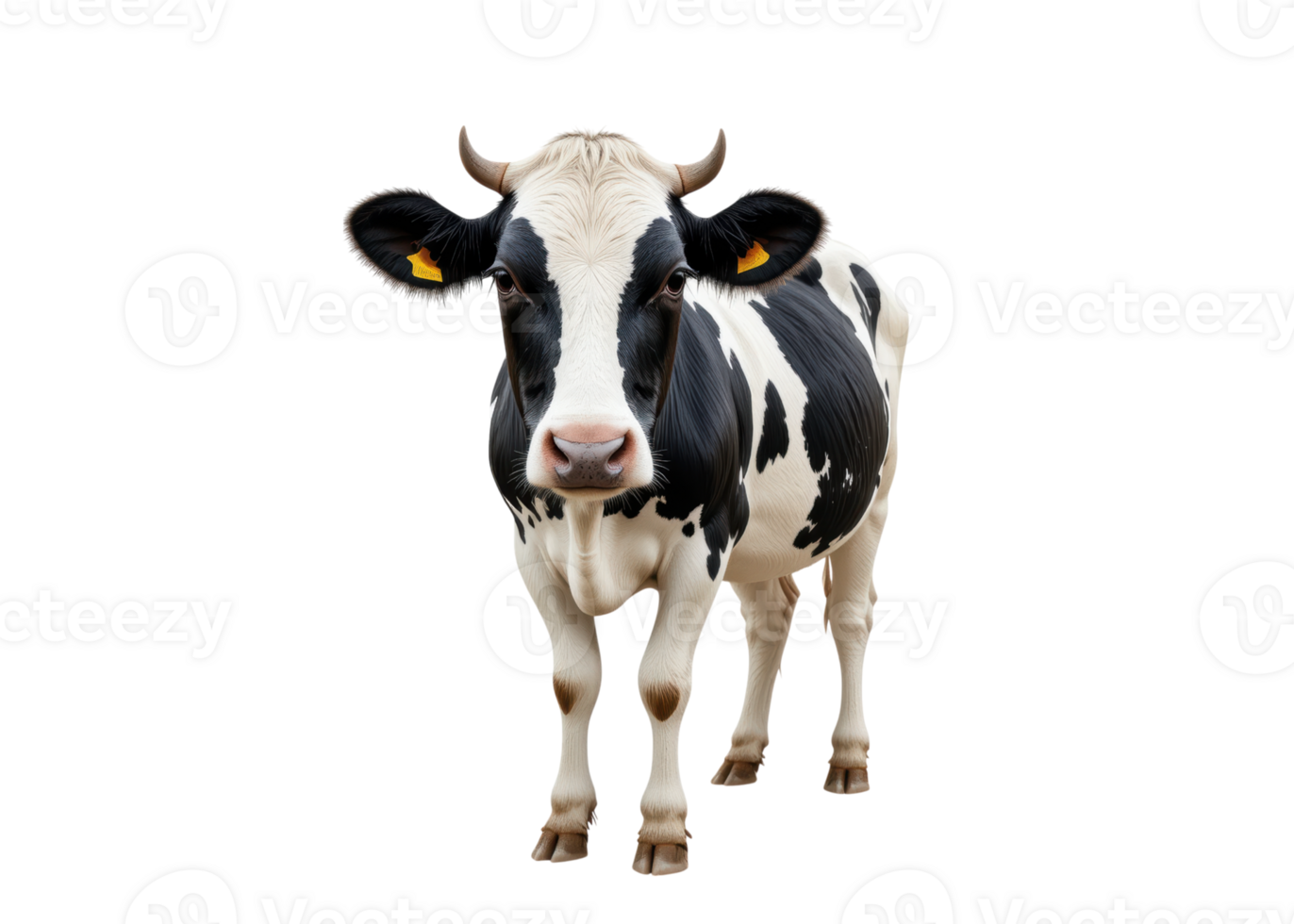 Black and white cow standing, isolated on transparent background, livestock, agriculture, farming. png