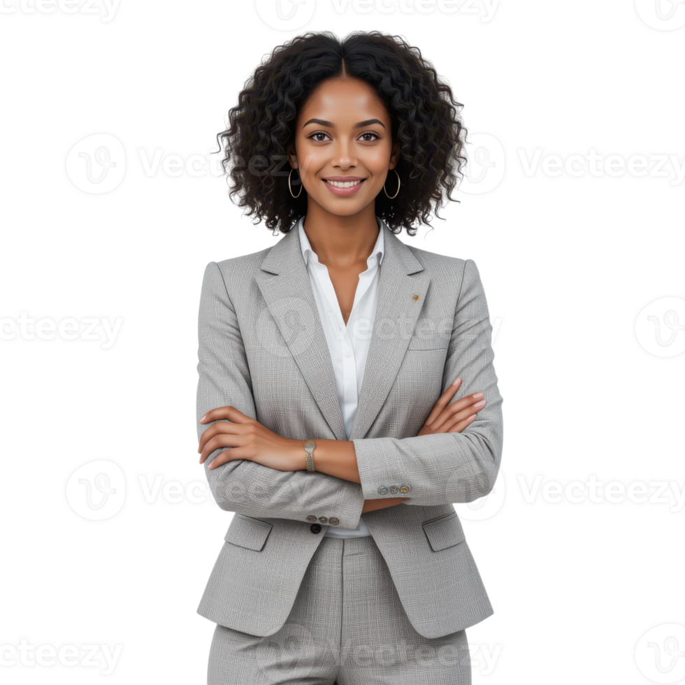 Confident businesswoman in elegant suit with curly hair smiling png