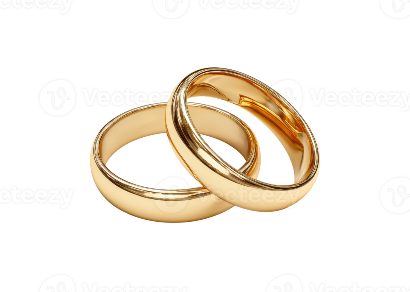 Two shiny gold wedding rings intertwined, symbolizing marriage and commitment, isolated on transparent background. Wedding, Love, Relationship. png