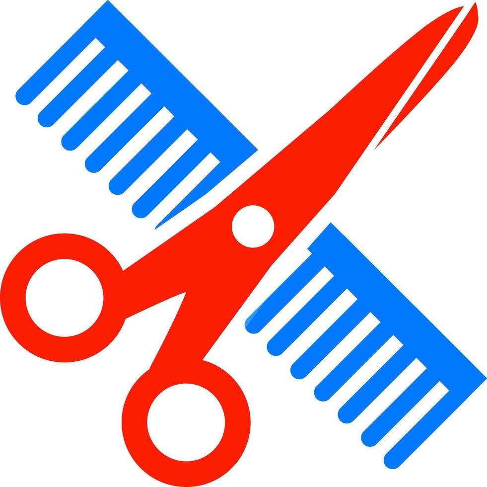 Hair comb or barber comb and scissor. For combing and styling hair or haircut. Shears or scissors symbol. Tools for barber shop. Hairdressing tool. Barbershop concept. Red blue colour icon. vector