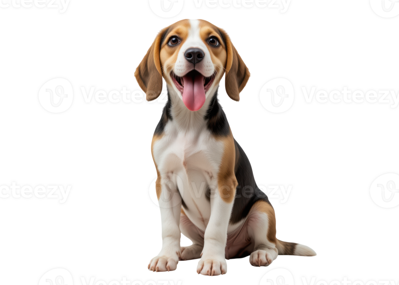 Beagle puppy sitting with open mouth and tongue out looking happy isolated on transparent background, dog, pet, animal. png