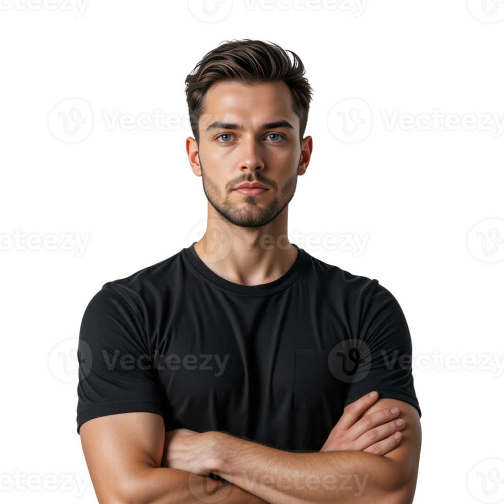 A man in a black t - shirt standing with his arms crossed png