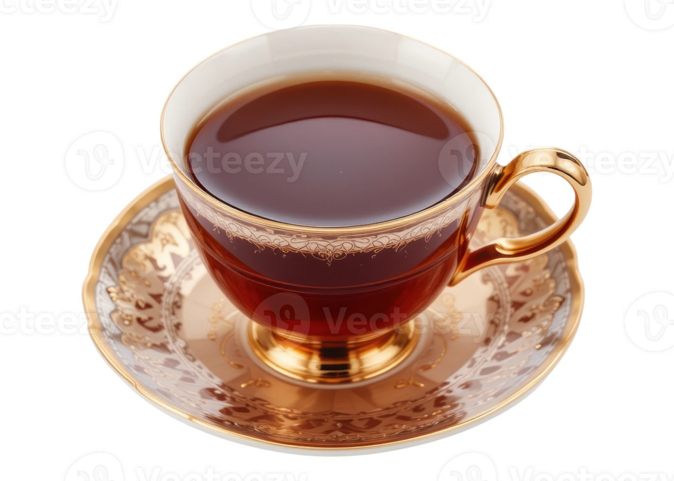 Porcelain tea cup with gold trim and handle, filled with tea, on a matching saucer, isolated on transparent background, tea time, beverage, drink. png