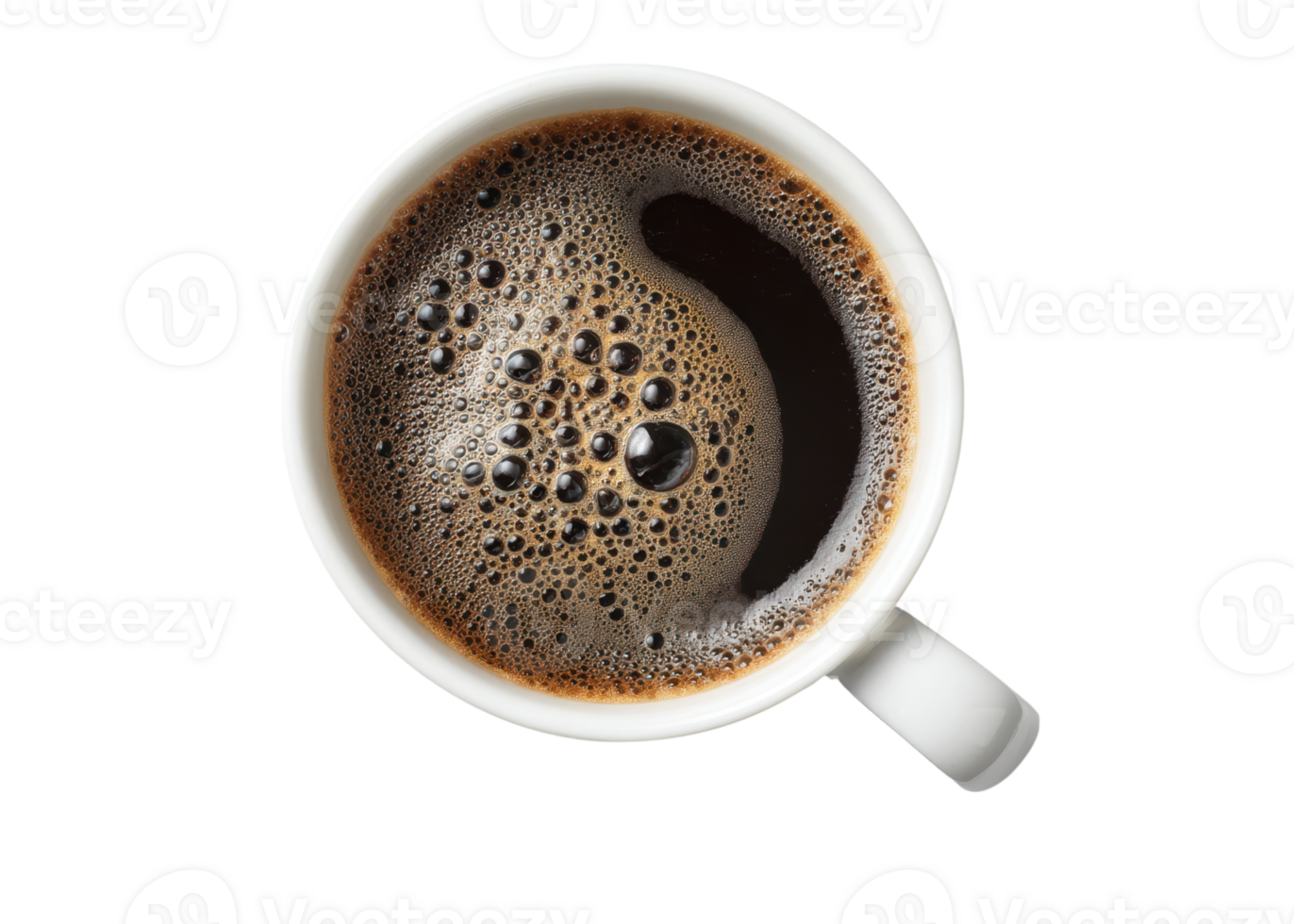 Top view of a white mug with black coffee and foam isolated on transparent background, drink, beverage, caffeine. png