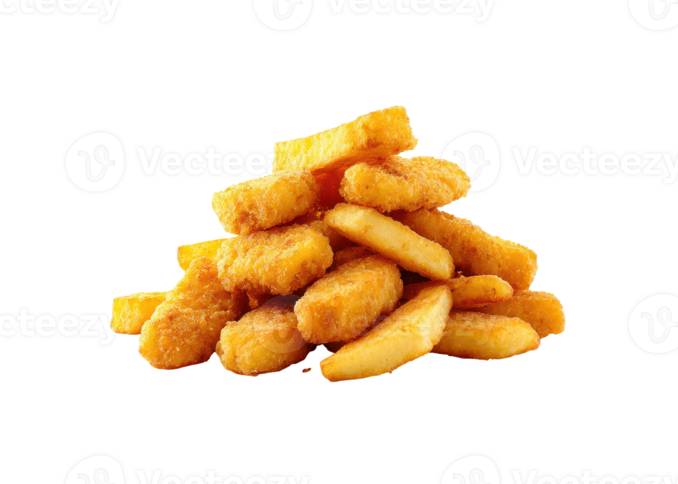Pile of chicken nuggets and fries isolated on transparent background, fast food, junk food, snack. png