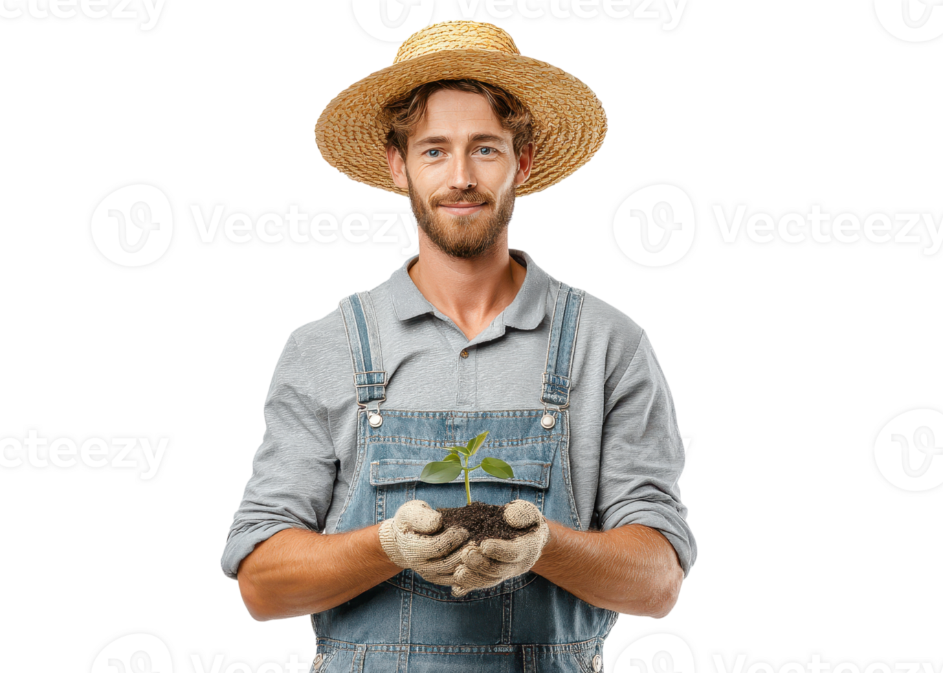 Smiling farmer in straw hat and overalls holding small plant seedling with soil in gloved hands, isolated on transparent background. Farming, growth, agriculture. png