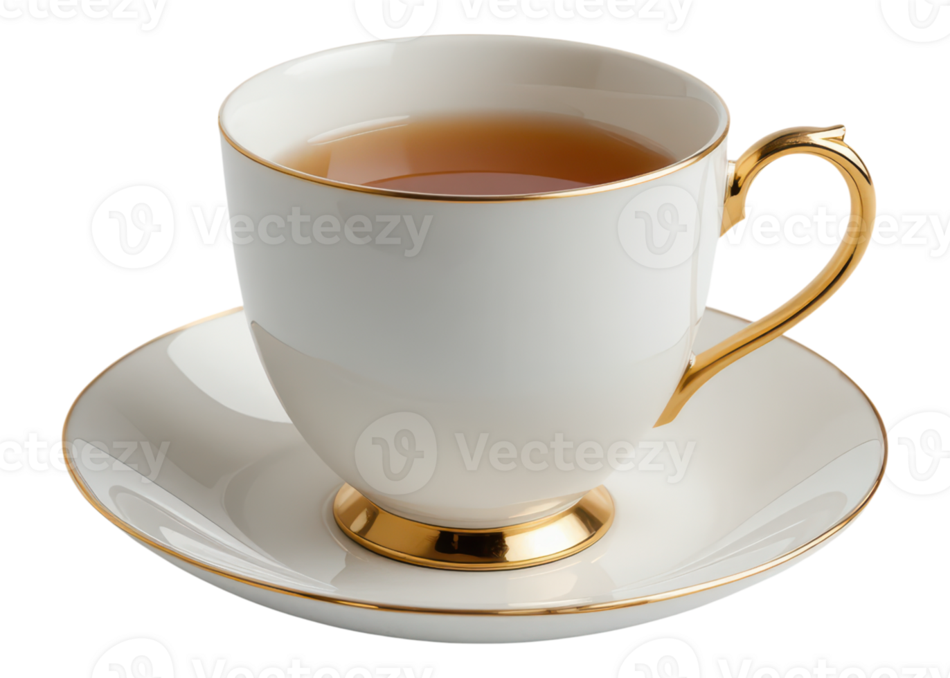 White teacup with tea and saucer, gold trim, isolated on transparent background, tea time, drink, beverage. png