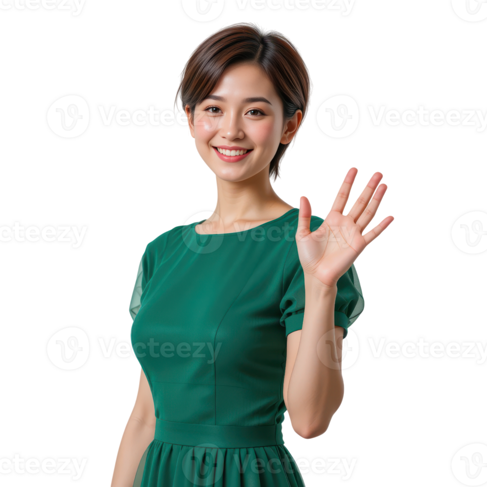 Smiling woman in green dress with hand raised in cheerful greeting png
