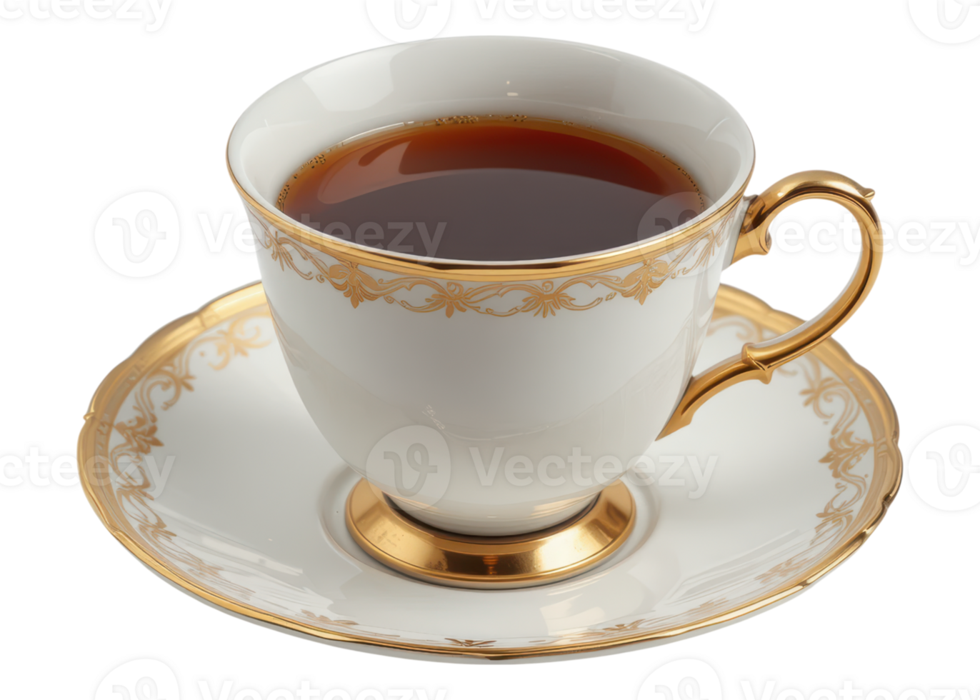 White porcelain tea cup with gold trim and saucer filled with dark liquid, isolated on transparent background, elegance, luxury, classic. png