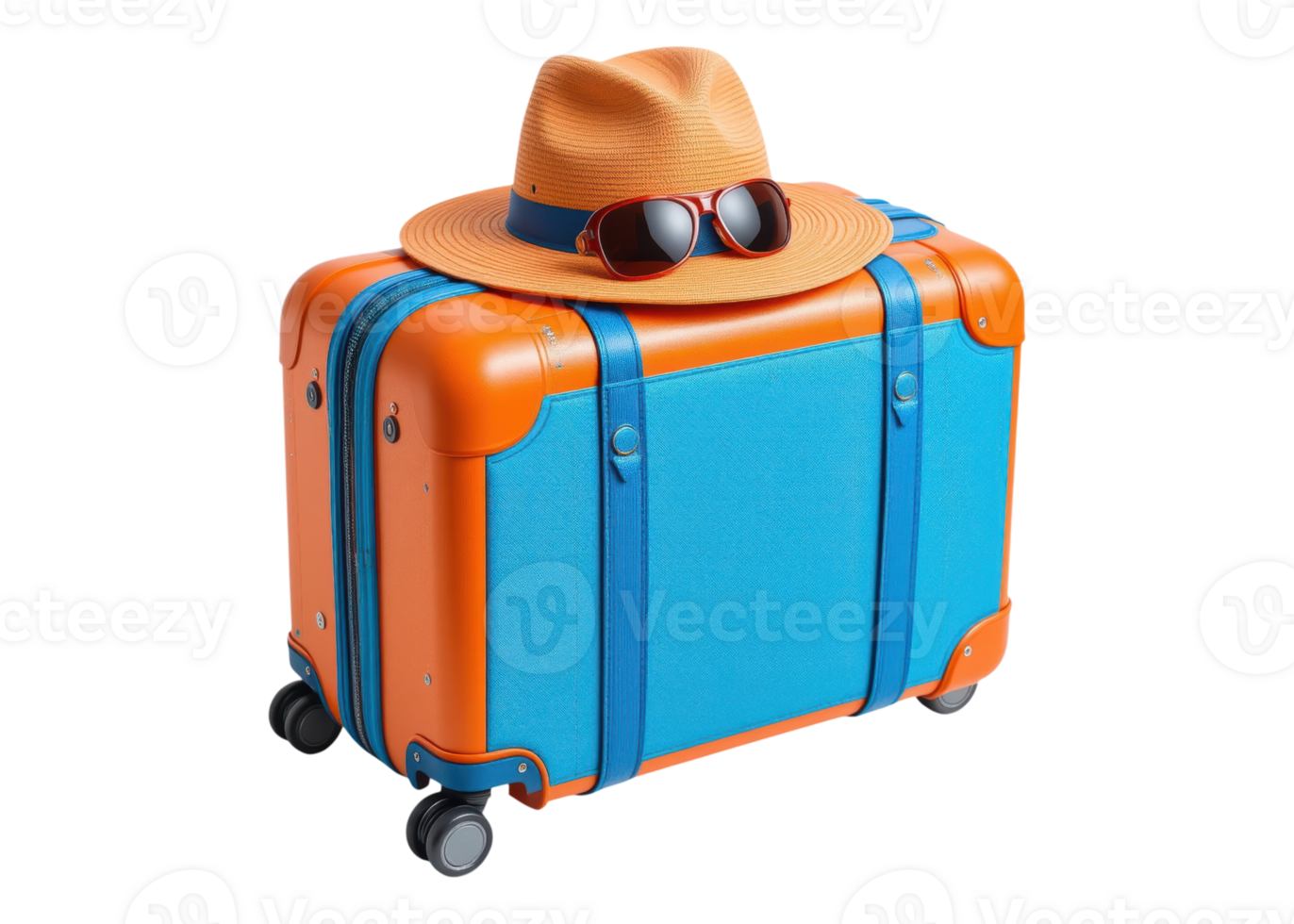 Orange and blue suitcase with hat and sunglasses isolated on transparent background. Travel, Vacation, Trip. png