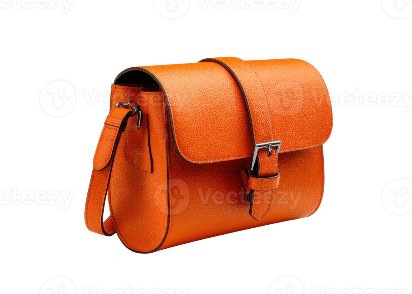 Orange leather shoulder bag with buckle closure, isolated on transparent background, fashion, accessory, style png