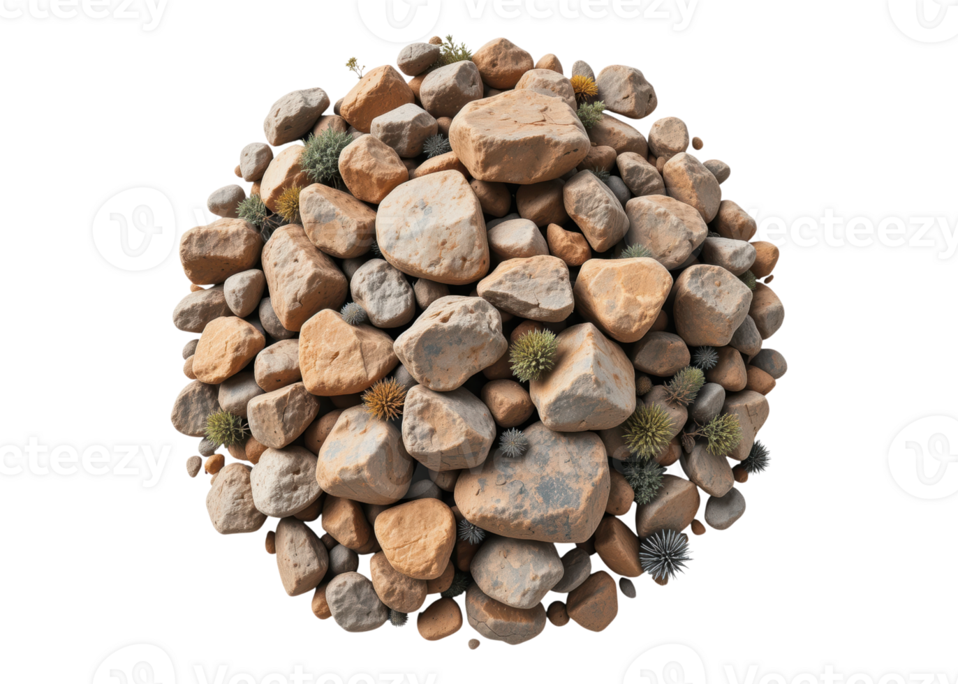 Pile of natural stones and rocks of various sizes and shapes with small plants, isolated on transparent background. Nature, Geology, Material. png