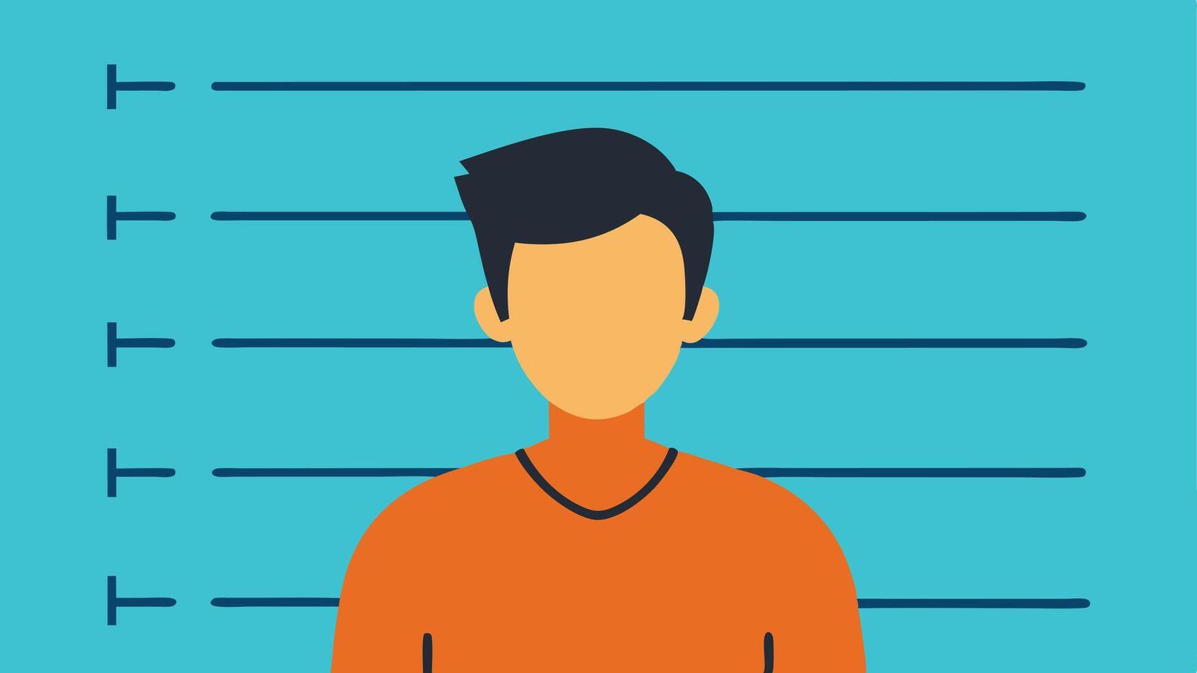 Camera Flash Effect The suspect standing against the height chart with an illustrated camera flash effect highlighting the mugshot moment.. vector