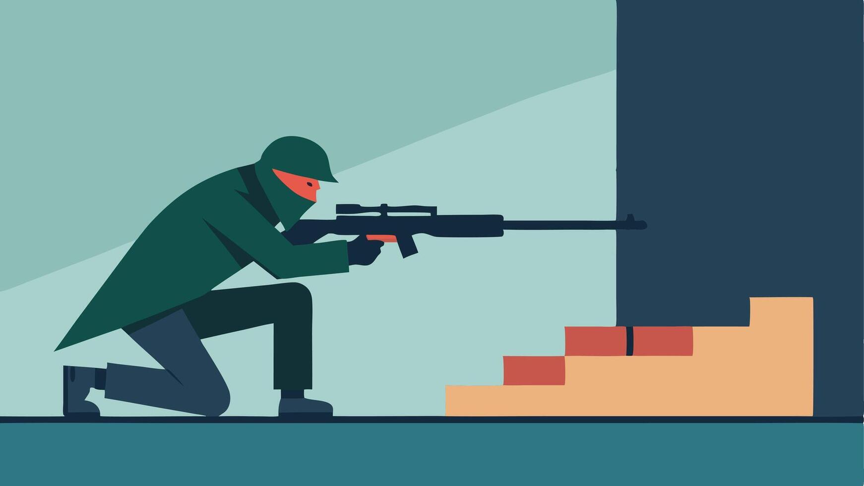 Concealed Approach A side view of the sniper stealthily crawling toward the edge of a building with a determined look and a wellequipped rifle ready for action.. vector