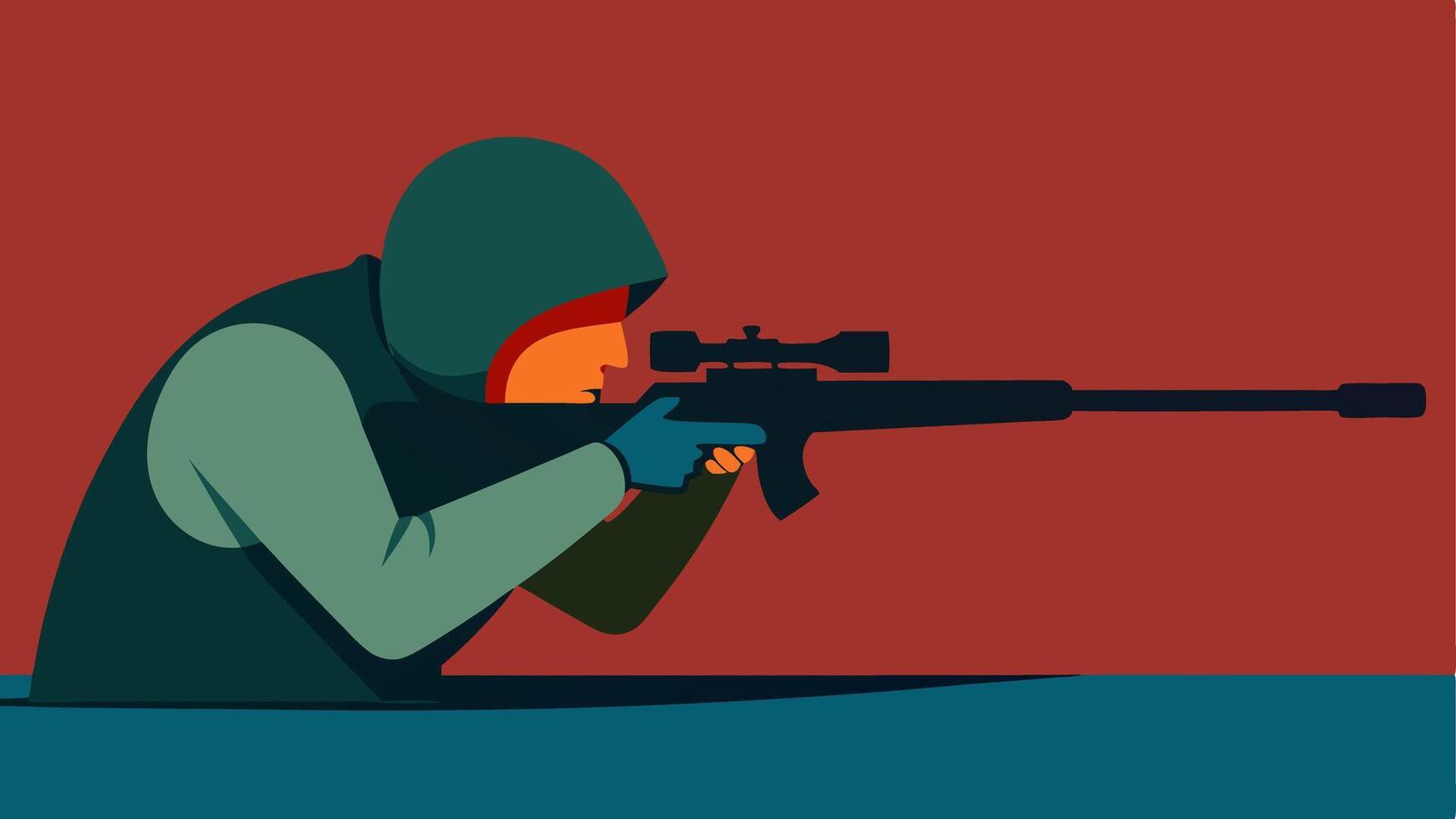 Breath Control An illustration of the sniper taking a deep breath stabilizing their position before taking the shot with focused intensity in their eyes.. vector