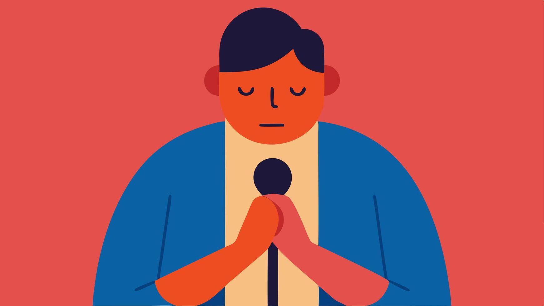 Body Language The suspect is shown with slumped shoulders and trembling hands conveying anxiety and guilt while speaking into the microphone.. vector