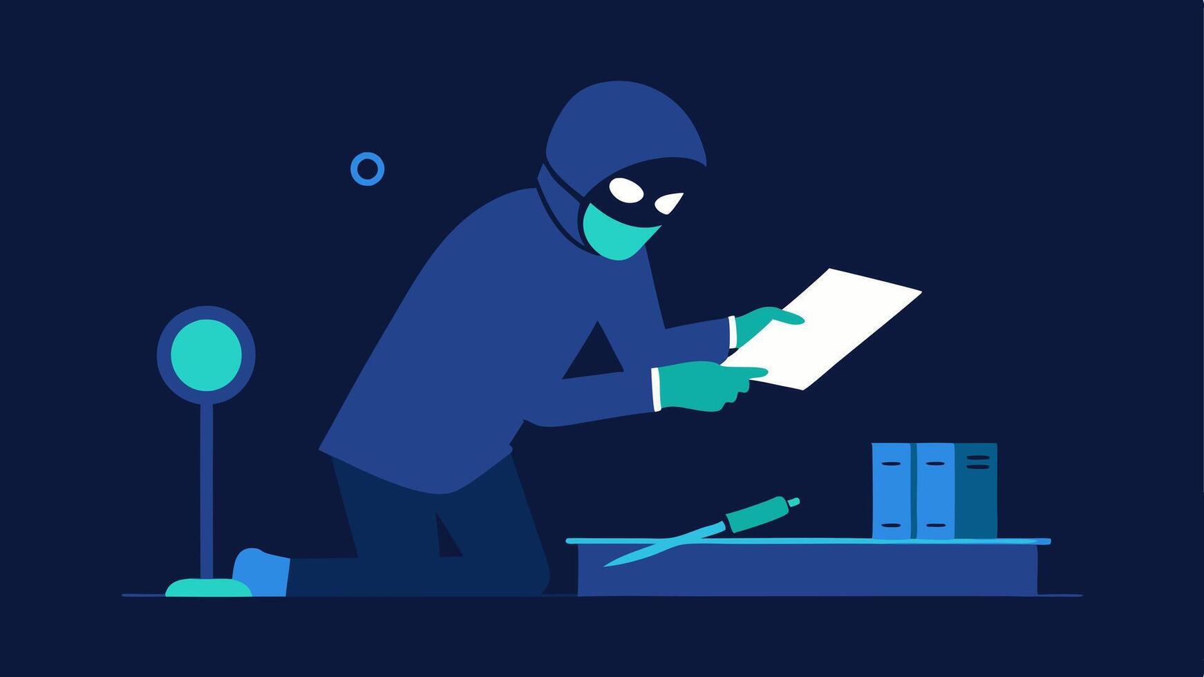 Document Analysis A forensic spet using a UV light to examine a document for alterations or hidden markings with magnifying tools on the side.. vector