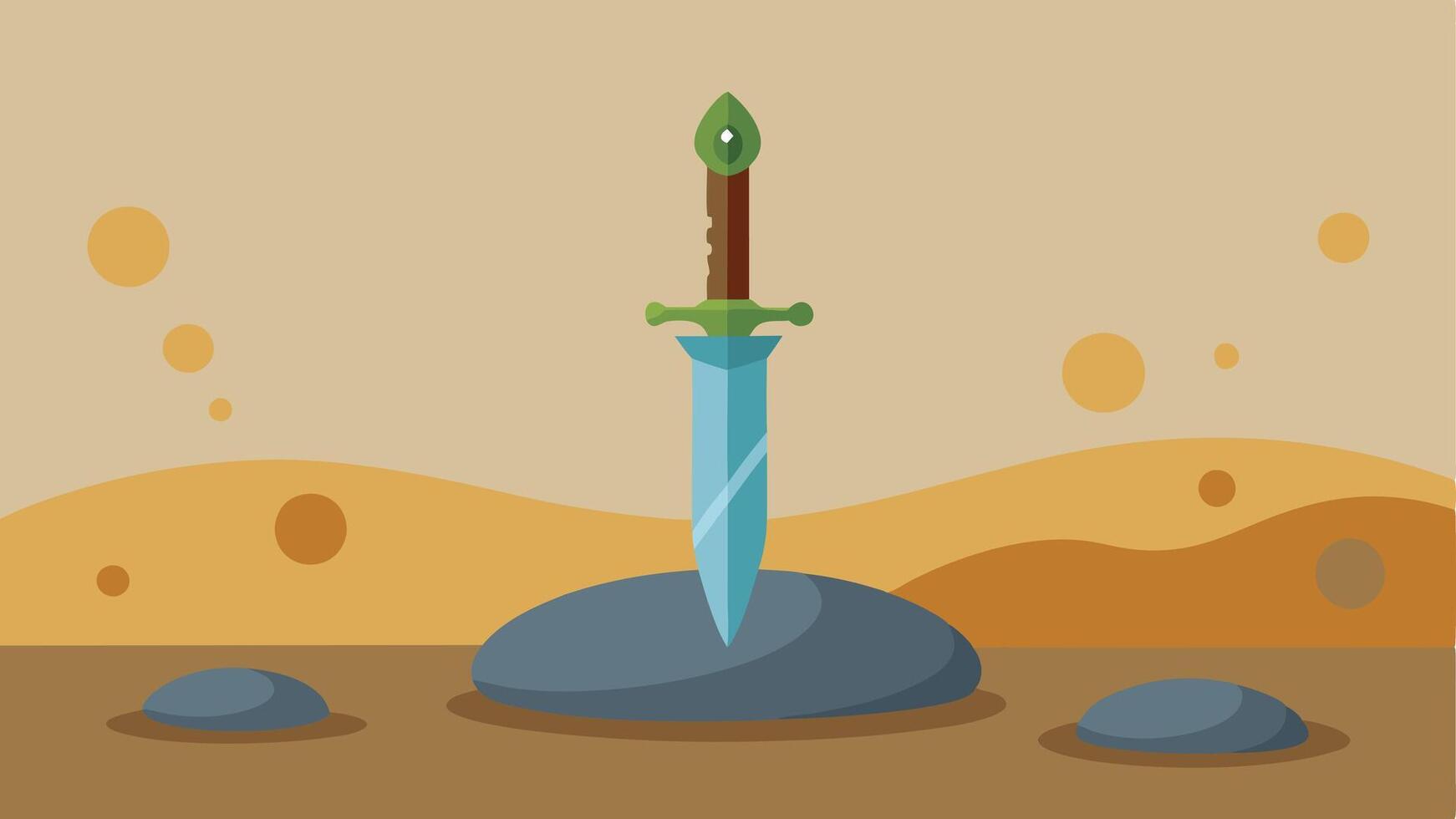 Dagger a Stones A dagger with an ornate handle stuck between two large stones on the side of a ditch surrounded by pebbles and dirt.. vector