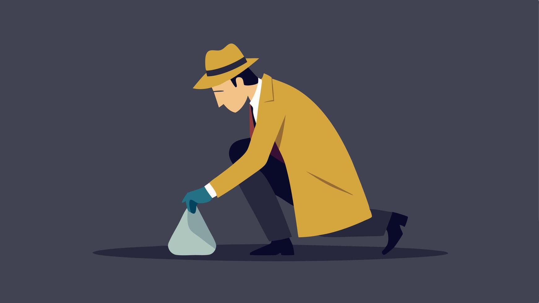 Collecting Evidence The detective kneels on the ground carefully placing a piece of evidence into a plastic bag his trench coat spread around him.. vector