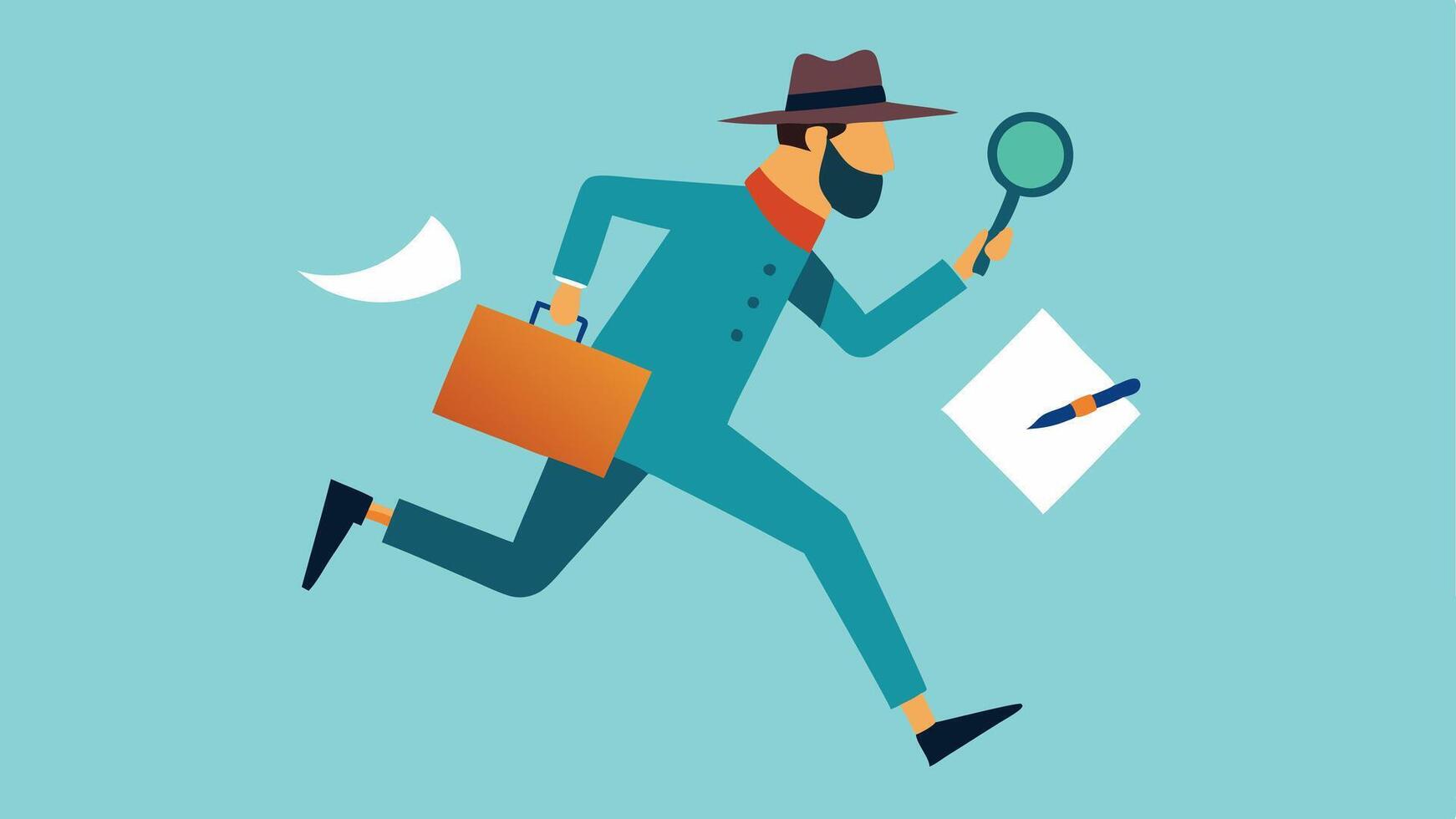 Detective in Action A dynamic illustration of a detective running with a magnifying glass in one hand and a notepad in the other showcasing urgency.. vector