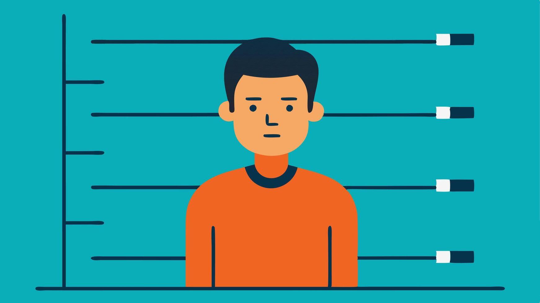 Each illustration description aims to convey a clear visual of the process of taking a suspects mugshot while placing emphasis on the height chart as an integral part of the scene.. vector