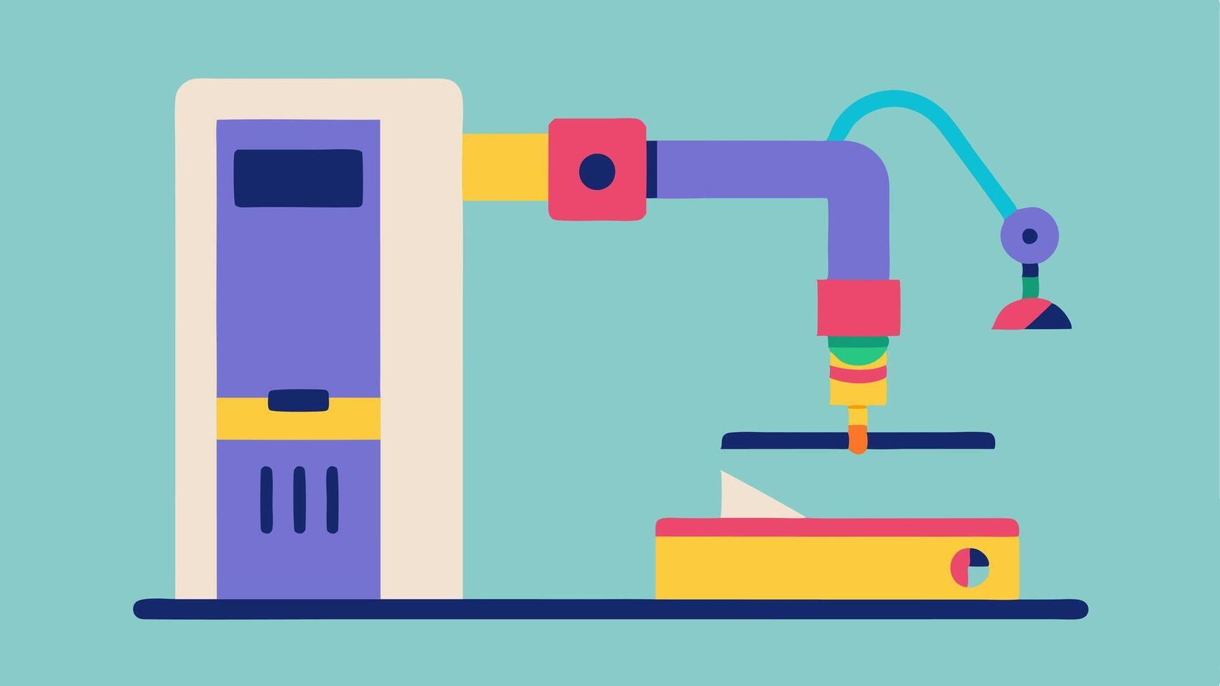 3D Printer with Prosthetic Limb An illustration showing a 3D printer actively creating a prosthetic arm with the arm partially completed and colorful filaments nearby.. vector