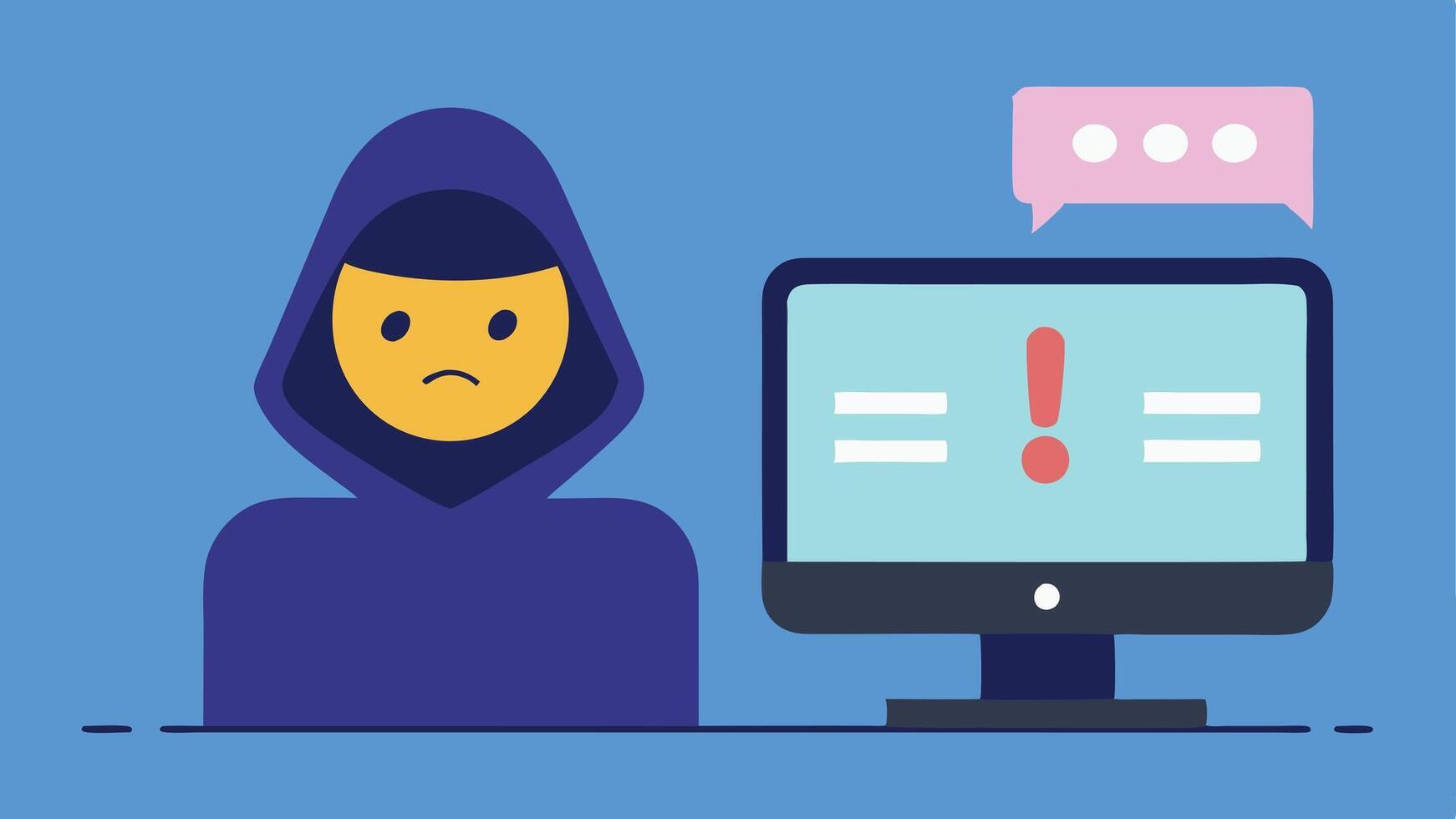 Alarmed Victim A character looking distressed while staring at a computer screen displaying a fraud alert message symbolizing the victims realization of identity theft.. vector