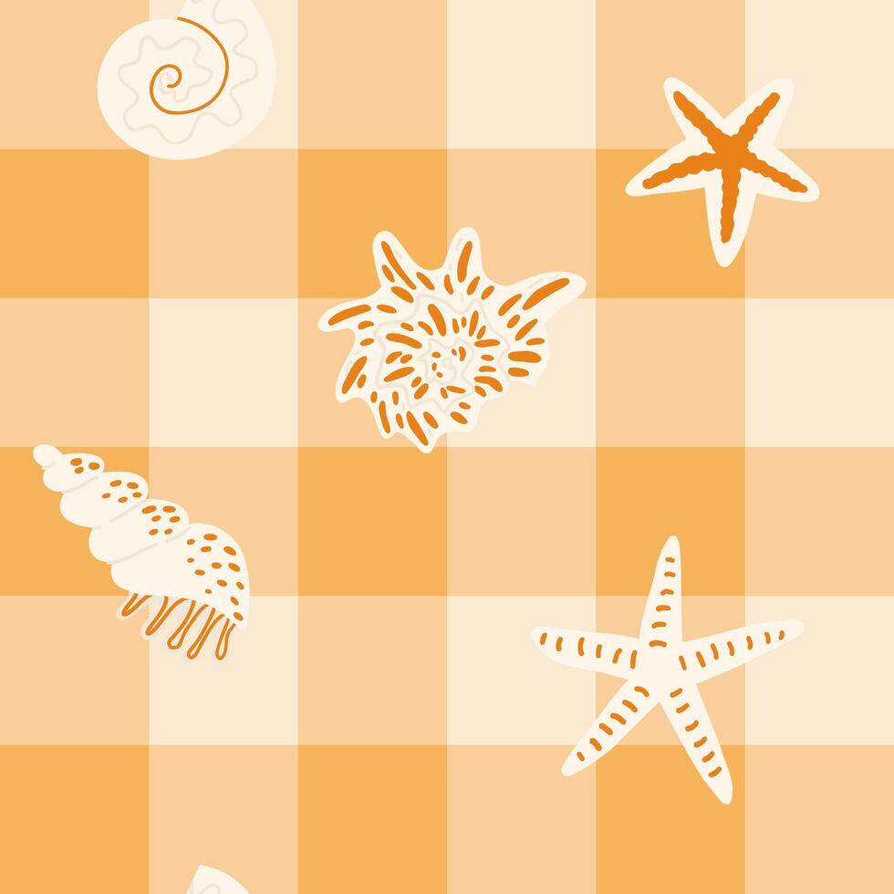 Seamless pattern with shells, starfish, and marine elements on a warm checkered background. Suitable for beach decor, summer fabrics, and wrapping designs vector