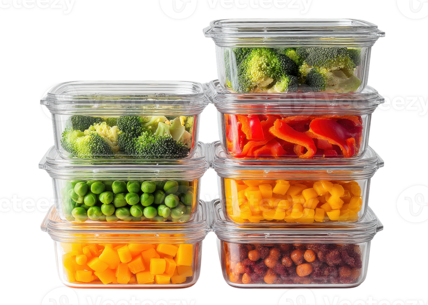 Food containers with broccoli, peas, bell pepper, chickpeas, isolated on transparent background. Meal prep, healthy eating, food storage. png