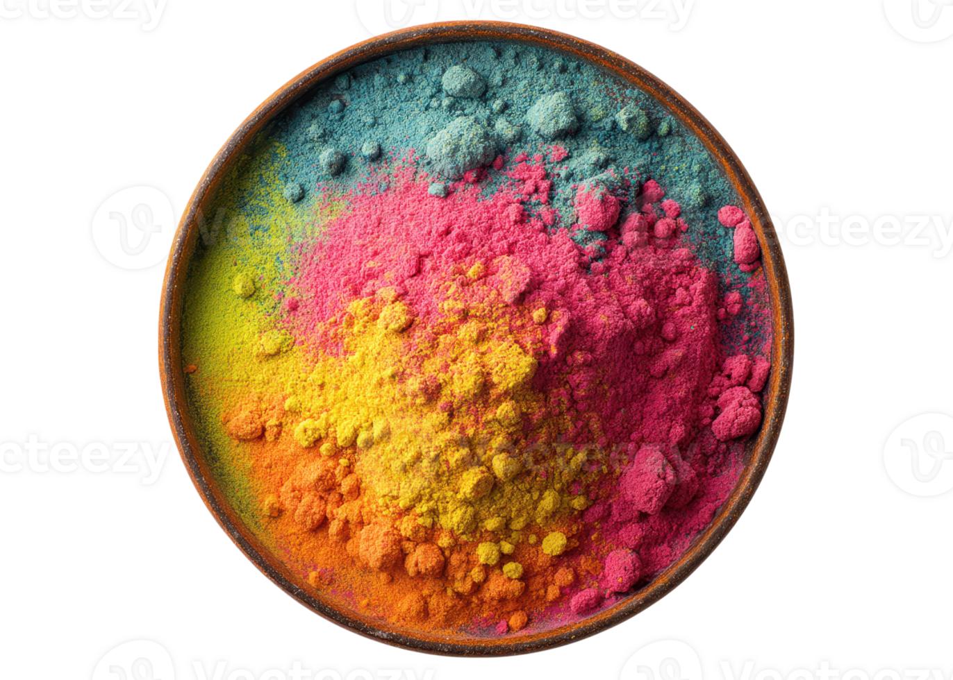 Top view of vibrant colorful powder in a bowl, featuring pink, yellow, orange, and blue colors, isolated on transparent background. Holi, festival, color. png