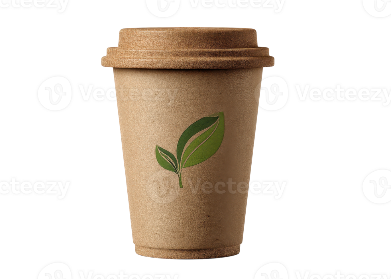 Paper coffee cup with a lid and green leaf logo isolated on transparent background, sustainability, eco friendly, environment png