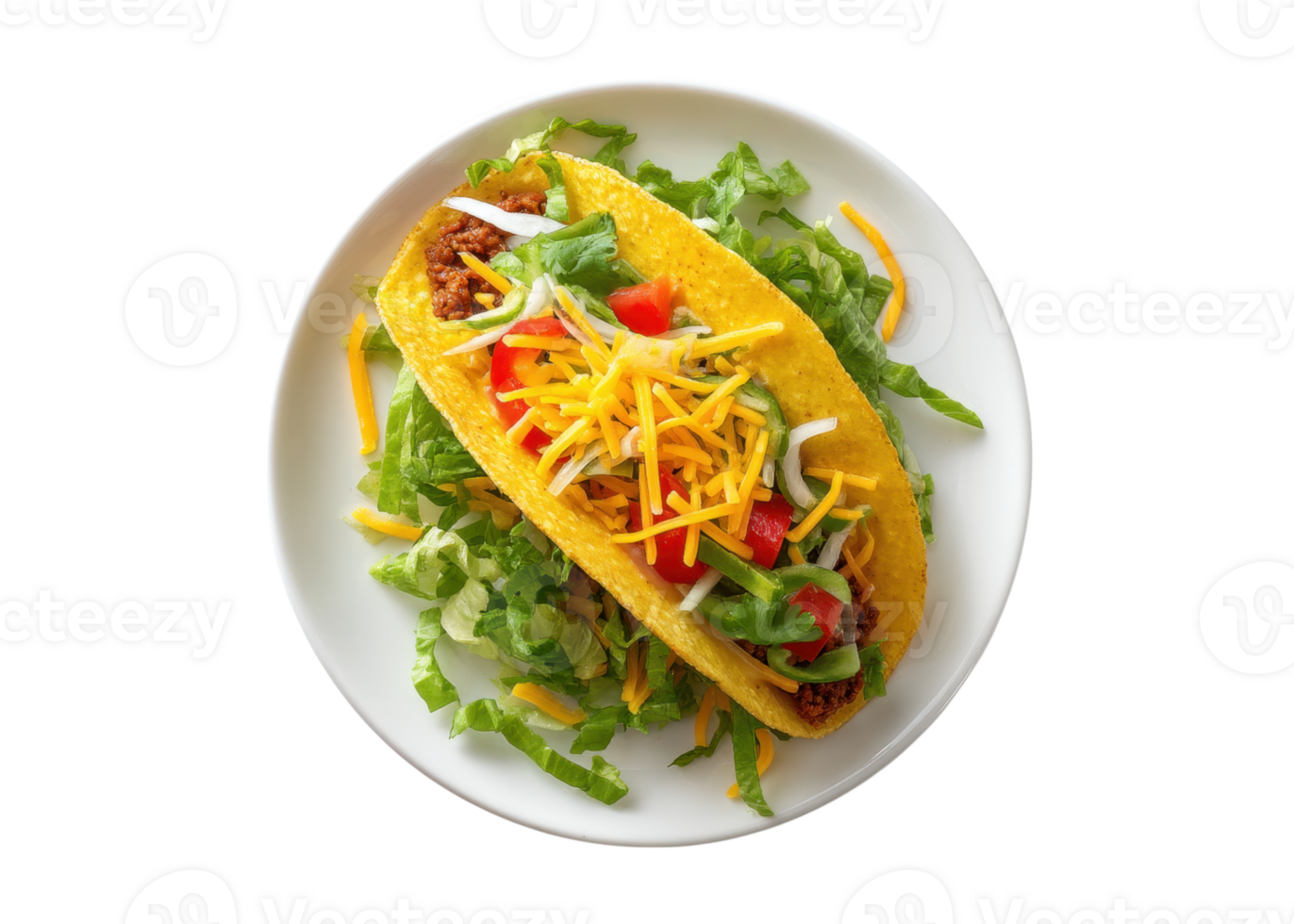 Single hard shell taco filled with ground meat, lettuce, cheese, tomato, onion on a plate, isolated on transparent background, Mexican food, fast food, meal png