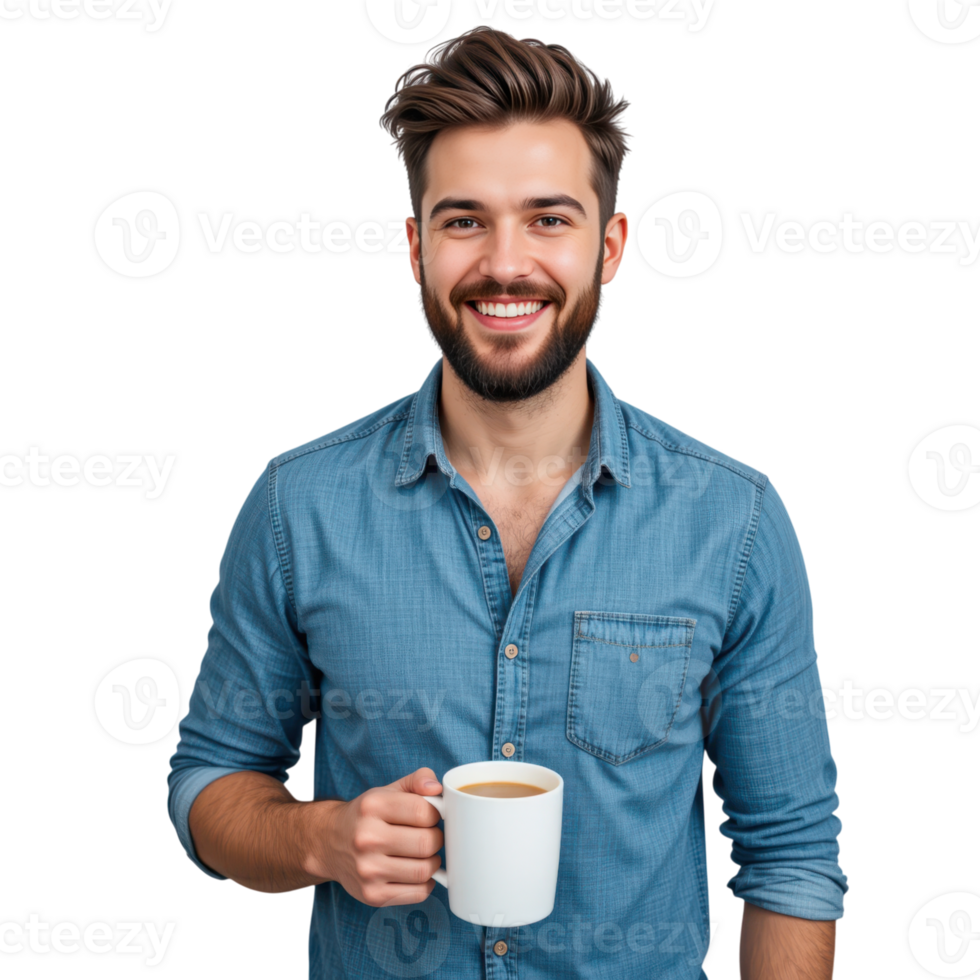 Cheerful Young Man Holding Coffee Mug with Bright Smile and Blue Shirt png