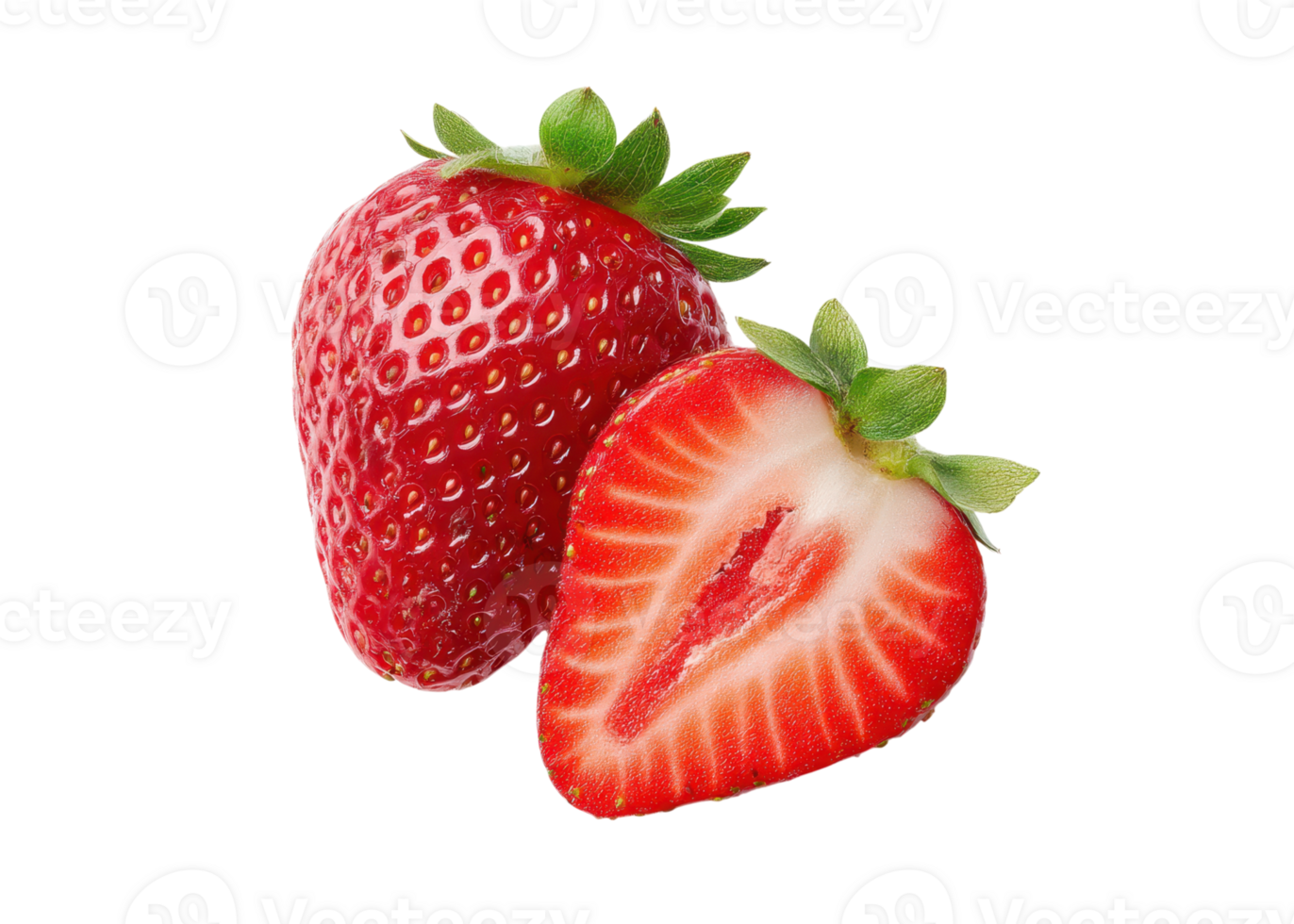 Whole and halved fresh red strawberry fruit showing seeds and green leaves, isolated on transparent background, concept of fruit, berry, food. png