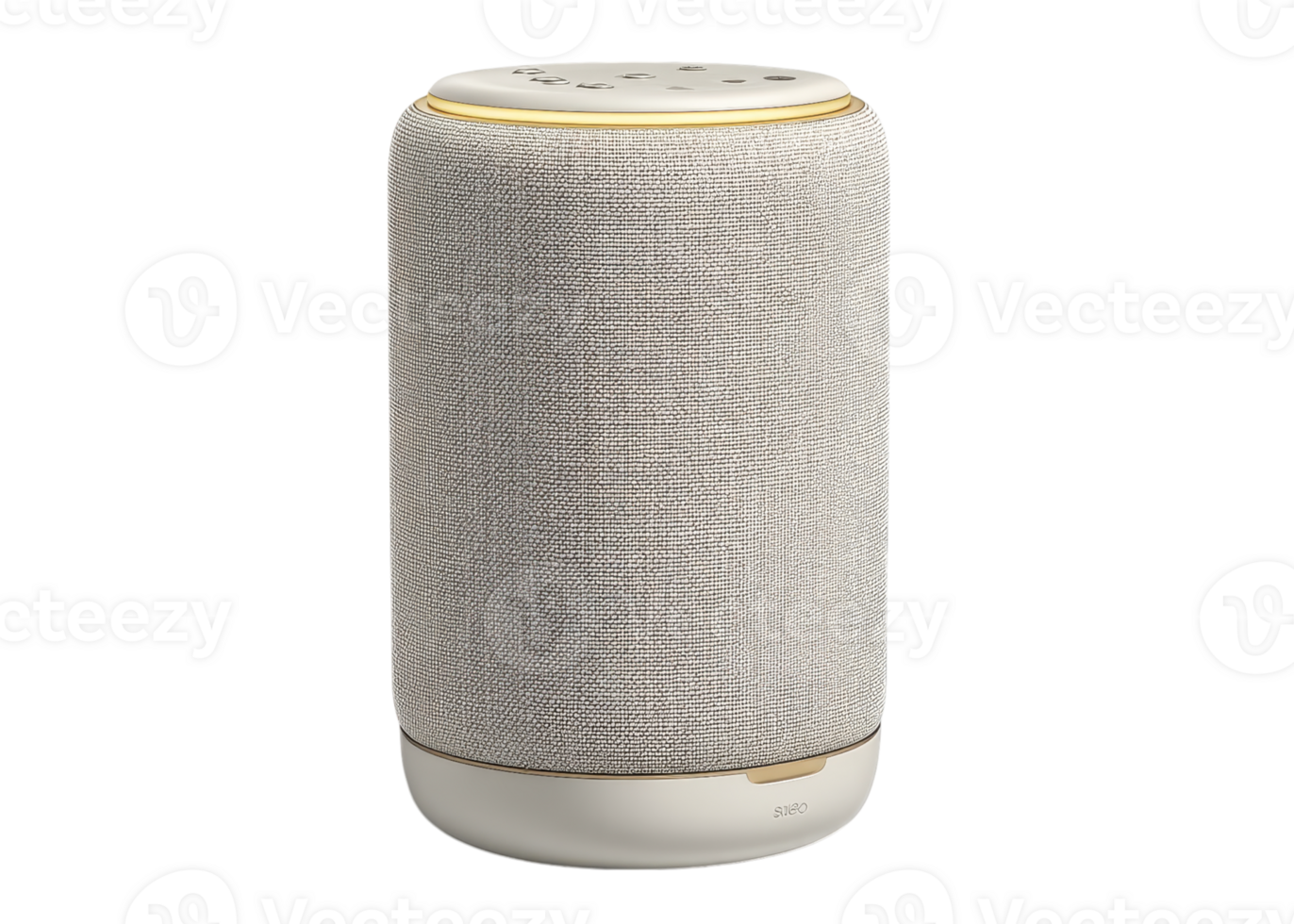 Cylindrical smart speaker with fabric texture and gold accents, isolated on transparent background. Technology, Audio, Home. png