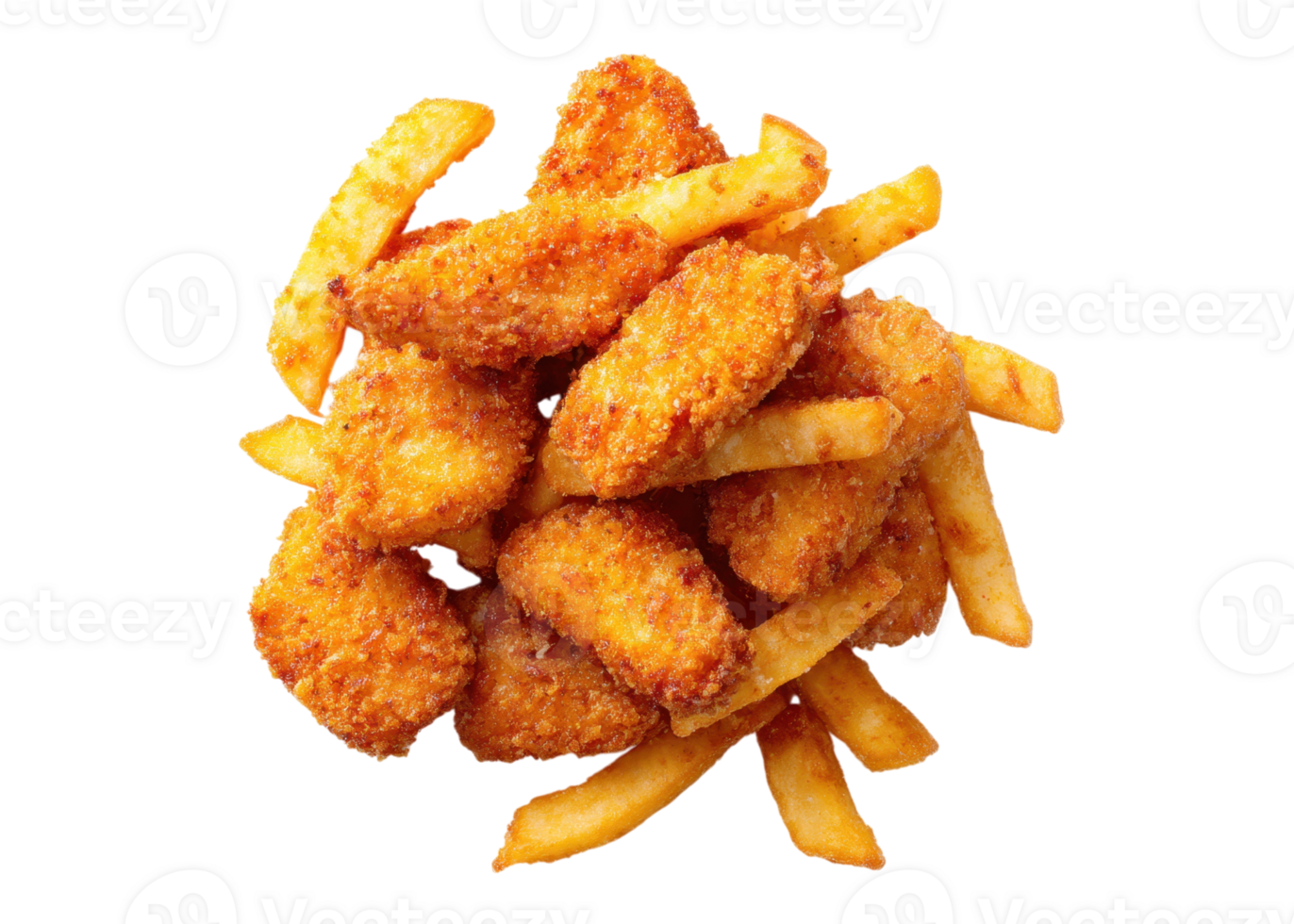 Pile of crispy fried chicken nuggets and french fries isolated on transparent background, fast food, snack, meal. png