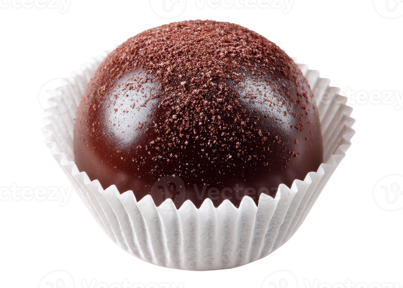 Single dark chocolate truffle candy in a white paper cup isolated on transparent background, sweet, dessert, treat. png