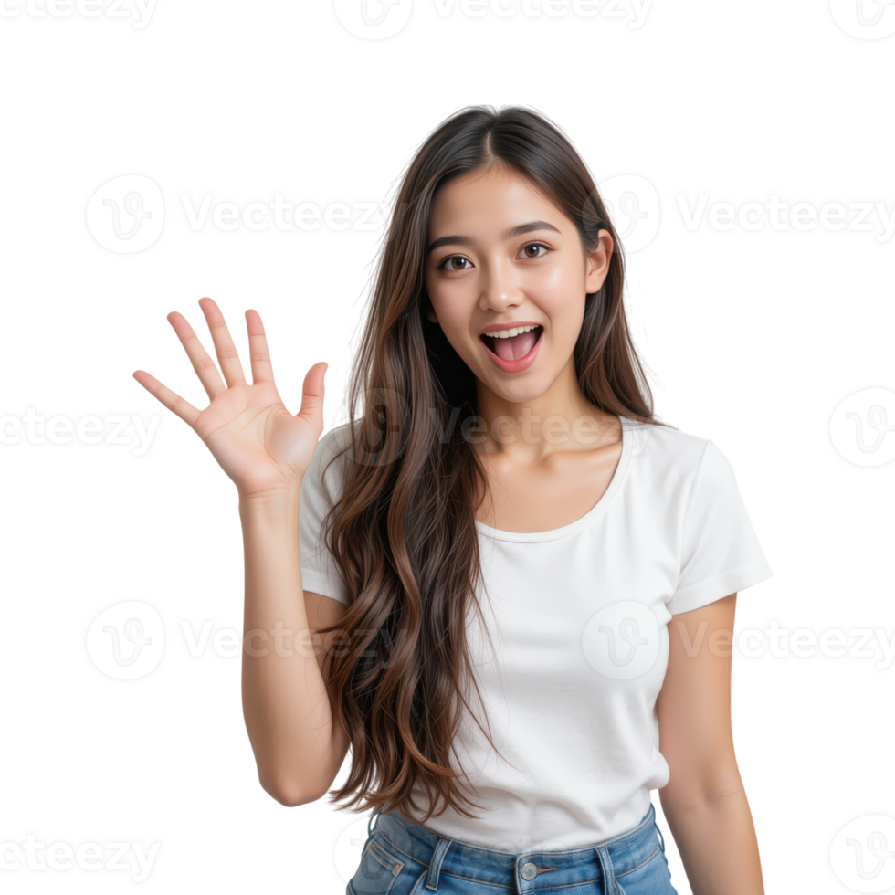 Happy young woman with long hair waving and smiling at the camera png
