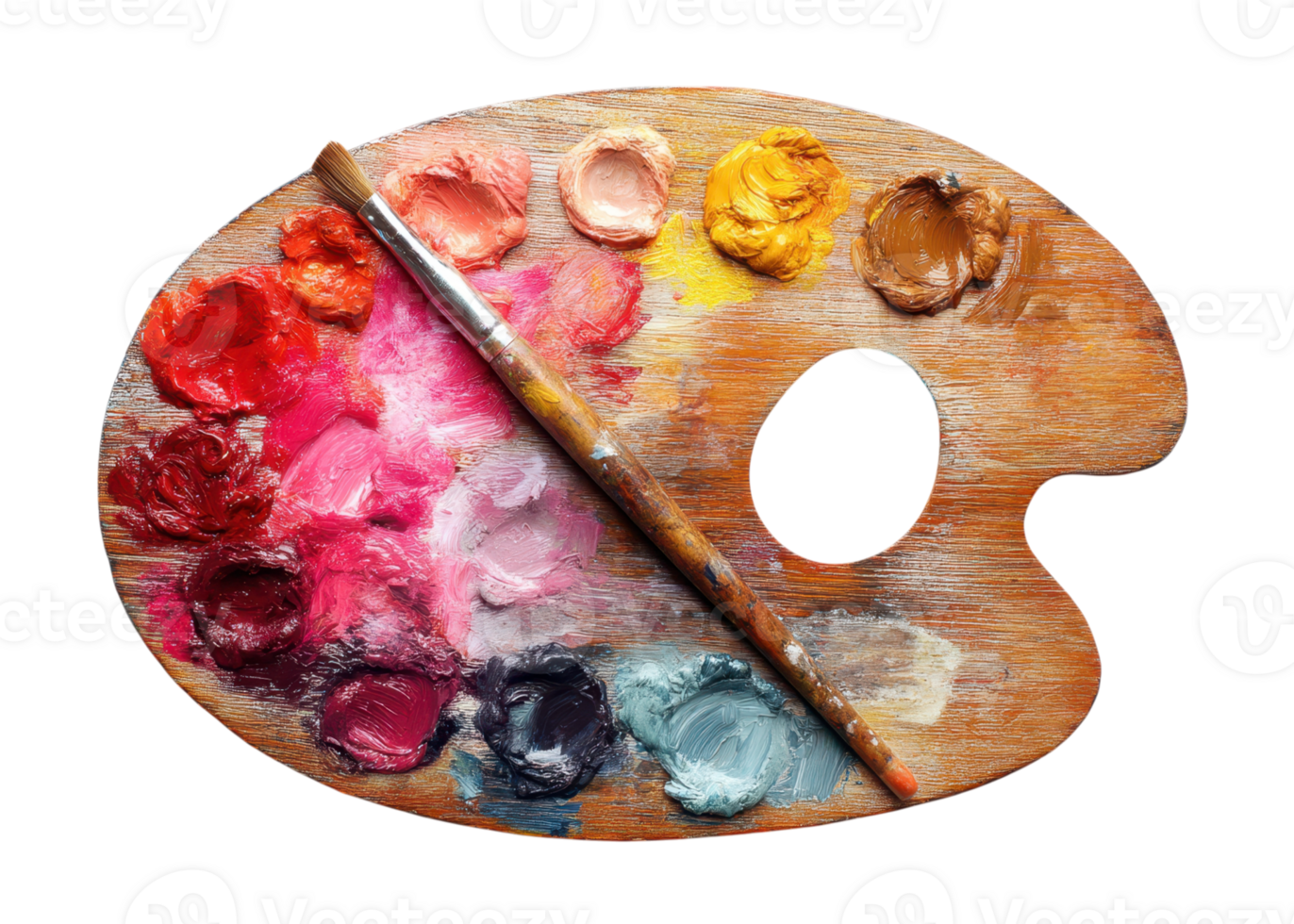 Wooden artist palette with colorful paint and brush isolated on transparent background, art, creativity, painting. png