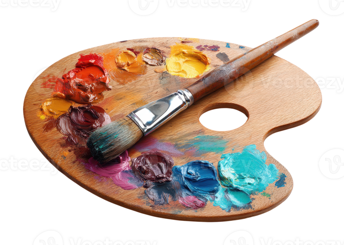 Wooden art palette with colorful oil paint blobs and a paintbrush, isolated on transparent background. Art, Creativity, Painting. png