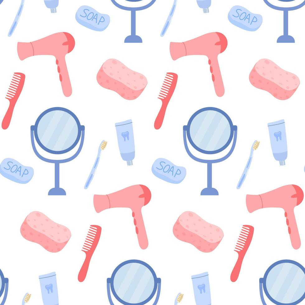 Pattern featuring bathroom essentials like mirrors, combs, and hairdryers in pastel colors vector