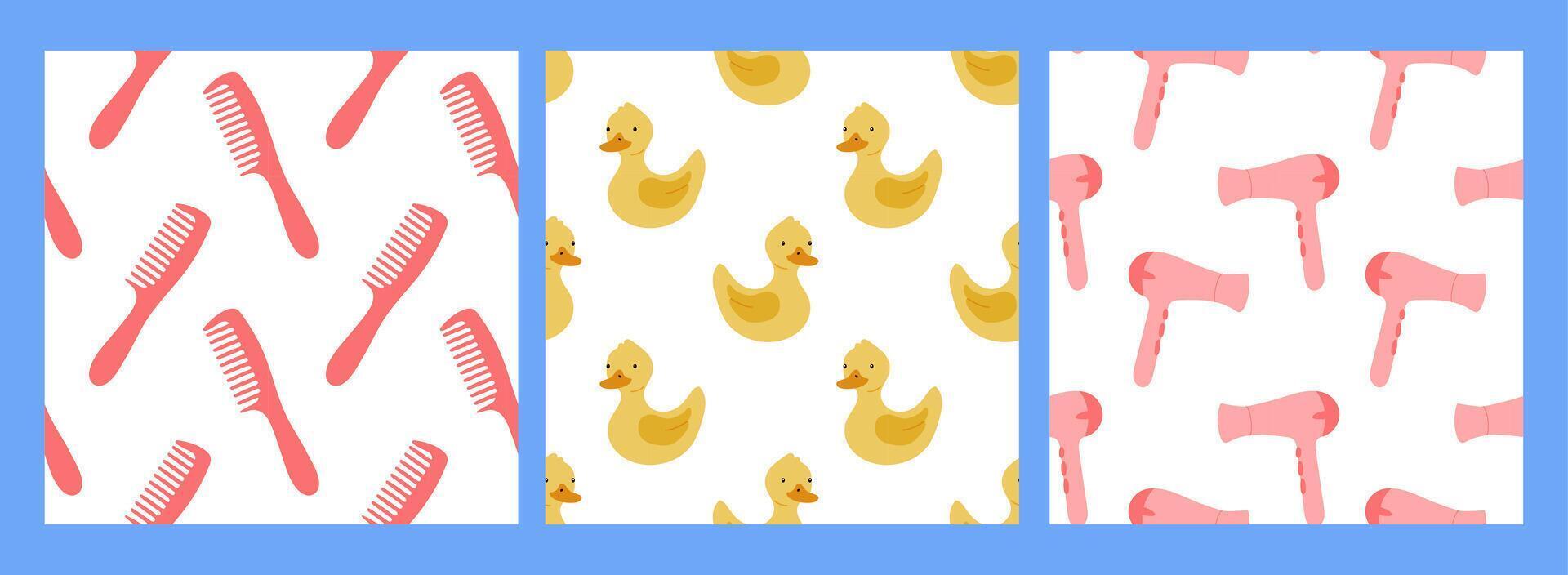 Colorful patterns featuring combs, rubber ducks, and hairdryers suitable for playful design projects vector