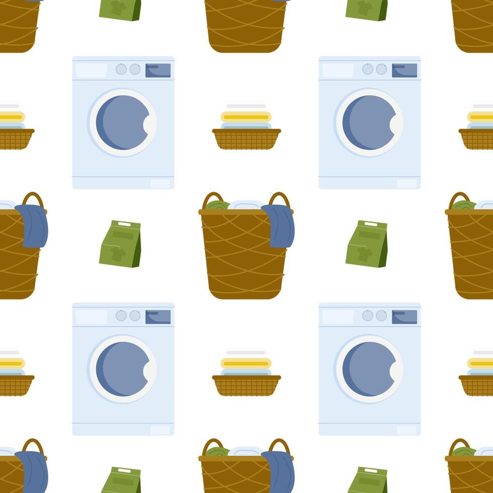 Colorful pattern of laundry appliances and baskets in a cheerful laundry room setting vector