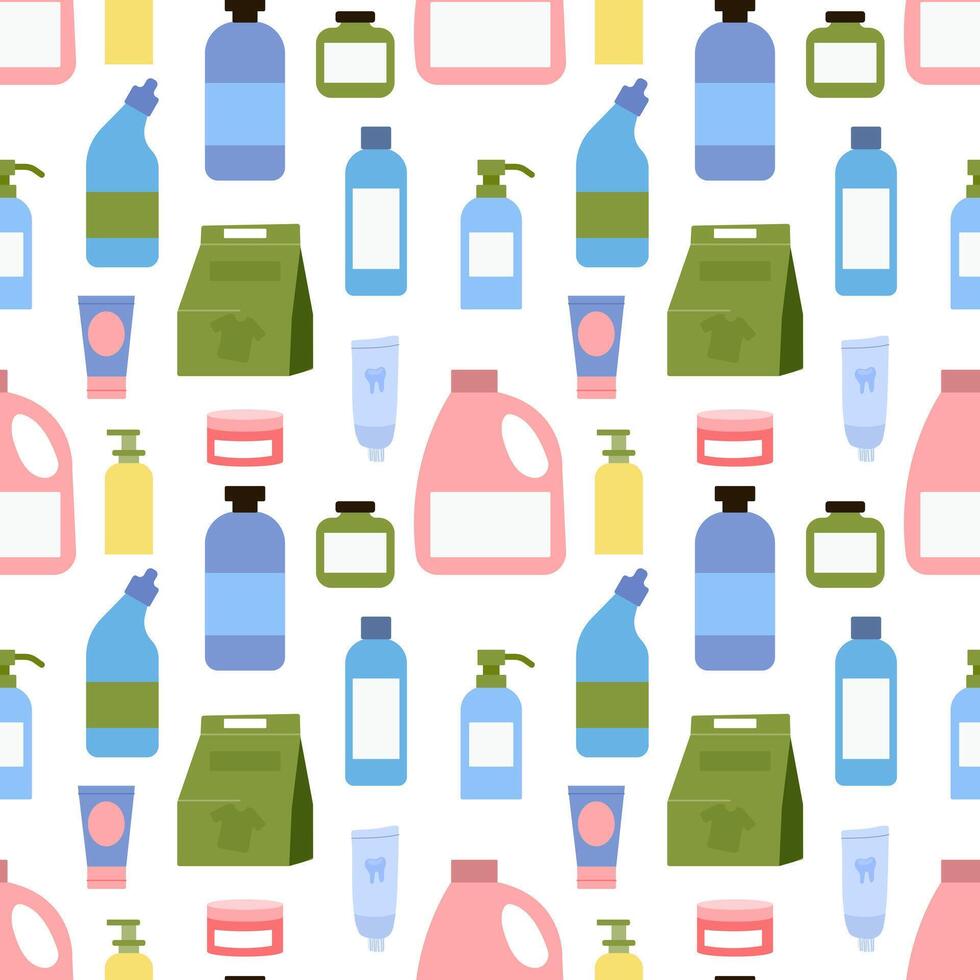 Colorful pattern design featuring various bottles and containers for household products vector