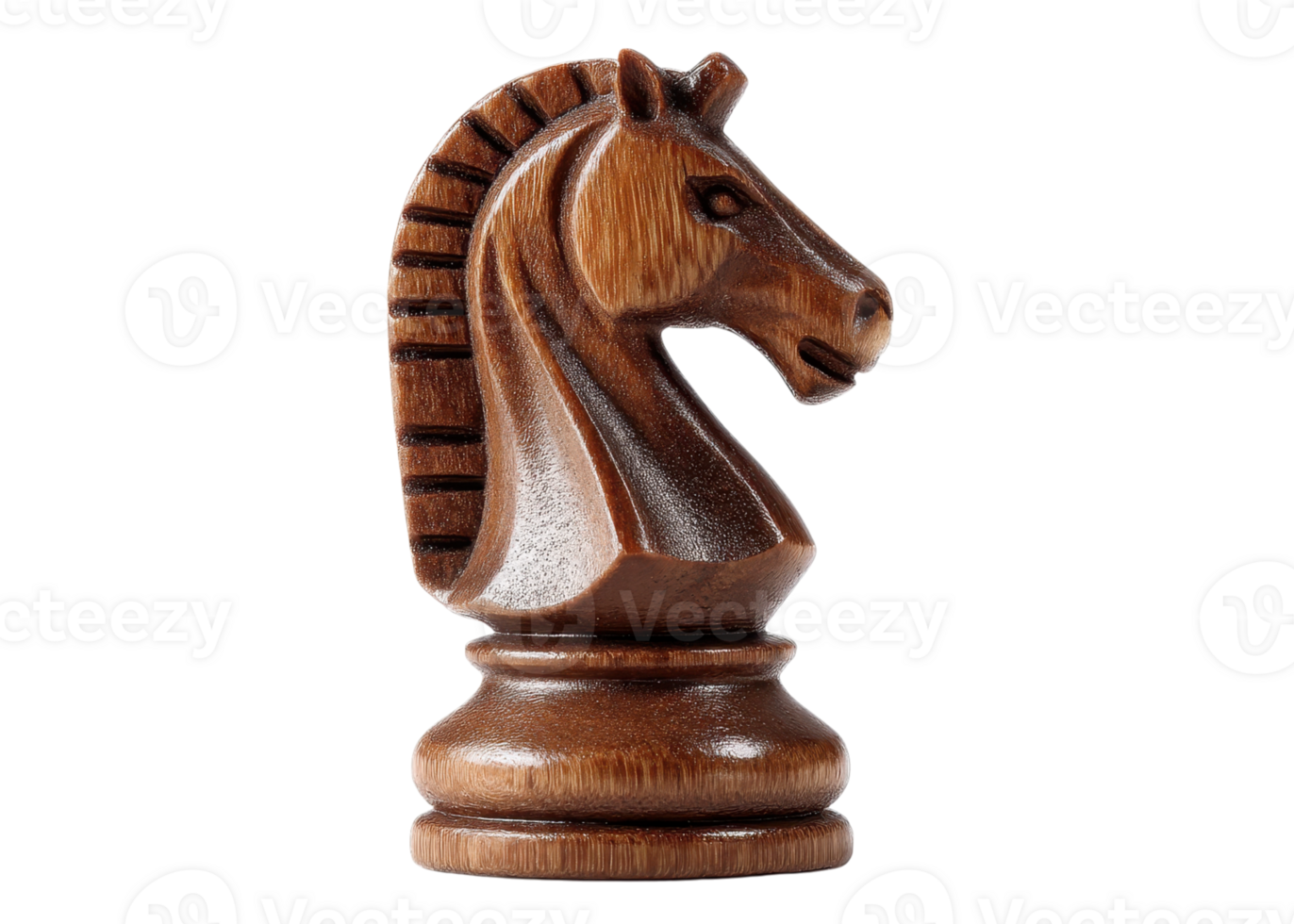 Wooden chess knight piece, dark brown wood texture, isolated on transparent background, game, strategy, intellect. png